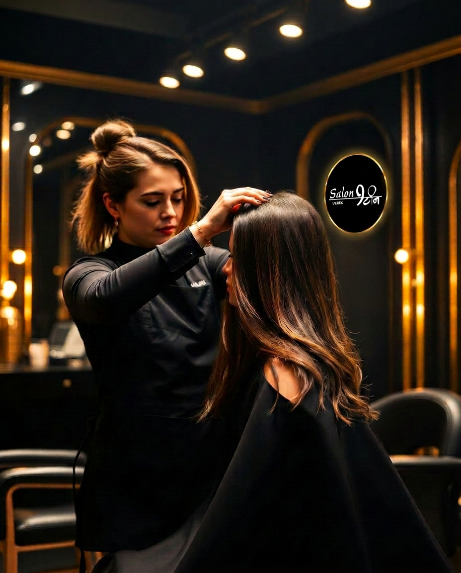 Salon9teen stylist finishing a client's hair at the Delhi salon